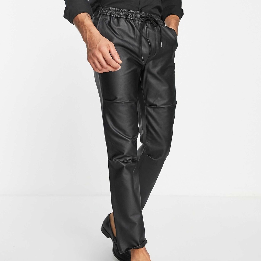 Topman straight faux leather pants with seam detail in black